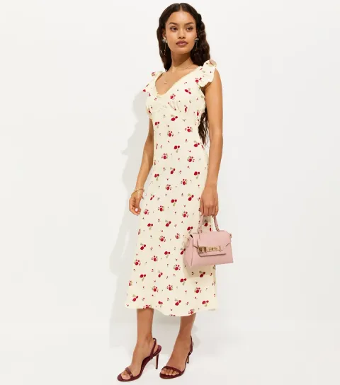 Women's Petite Cream Rose Print Lace Trim Midi Tea Dress