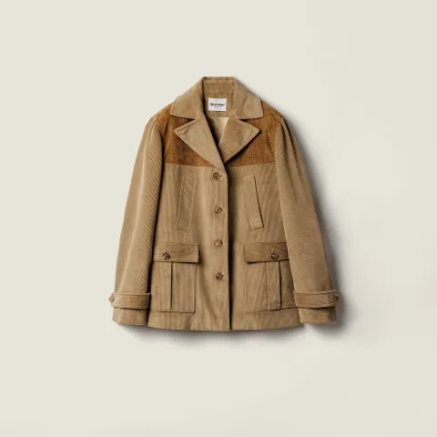 Single-breasted corduroy and leather jacket