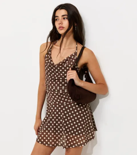 Women's Brown Mesh Polka Dot Halter Neck Mini Dress