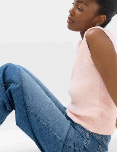 Marks & Spencer Boucle Crew Neck Slim Fit Knitted Vest With Wool Blush Pink