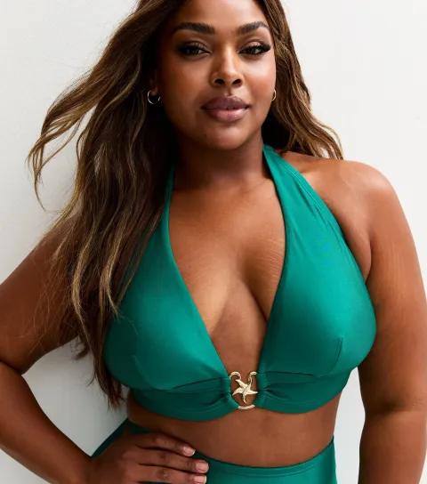 Women's Plus Size Green Starfish Charm Halterneck Bikini Top Curves