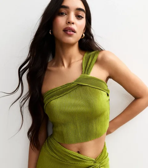 Women's Light Green Intertwined One Shoulder Plisse Top