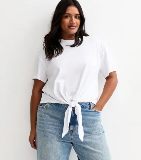 Women's Plus Size White Tie Front T-Shirt Curves