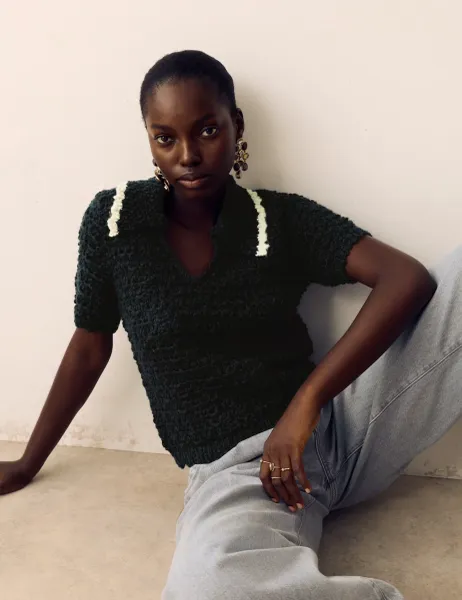Per Una Textured Collared Short Sleeve Knitted Polo With Wool Navy Mix