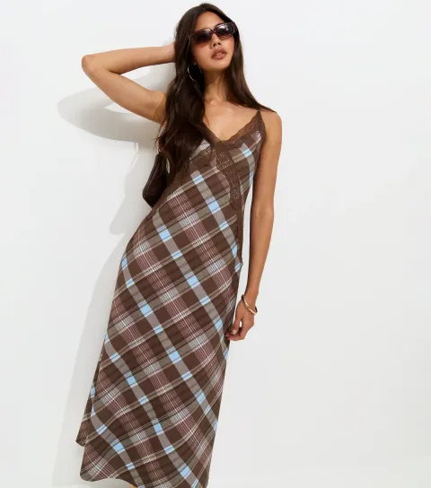 Women's Brown Check Lace Trim Strappy Mini Dress