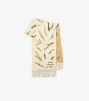 Feather Print Cashmere Scarf in Sand beige