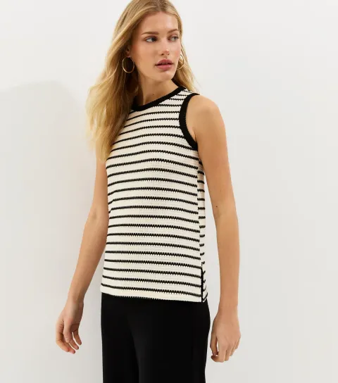 Women's Off White Striped Soft Touch Textured Vest