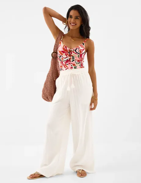 Accessorize Printed Padded Beaded Scoop Neck Swimsuit Multi