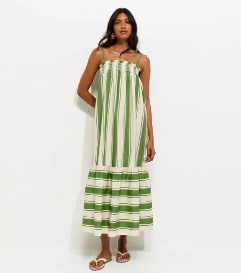Women's Green Cotton Striped Tie Strap Midi Dress