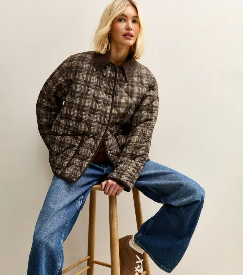 Women's Brown Checked Contrast Trim Quilted Barn Jacket
