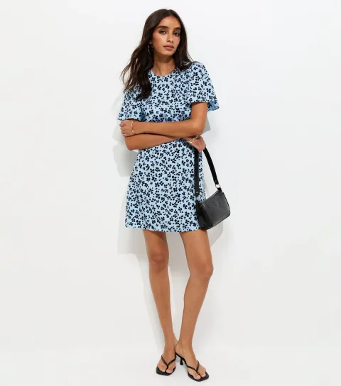 Women's Blue Ditsy Floral Flutter Sleeve Mini Dress