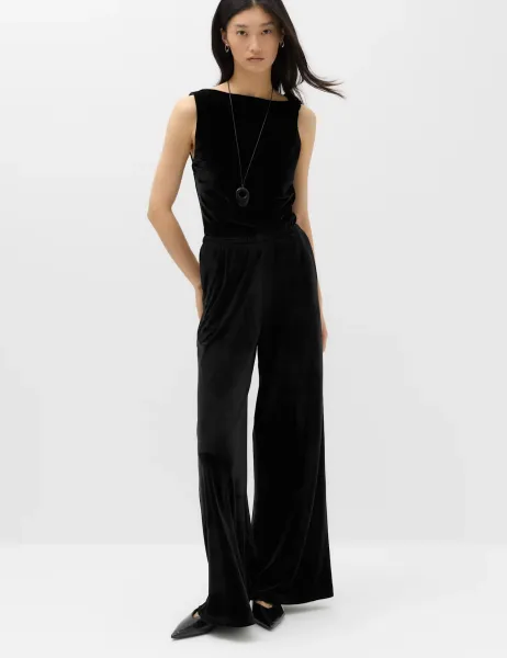 Marks & Spencer Velvet Pull On Wide Leg Trousers Black