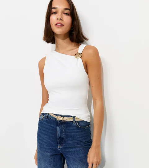 Women's Off White Jersey Shell Charm Tank Top