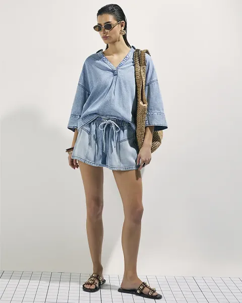 River Island Denim Short Sleeve Tunic Top