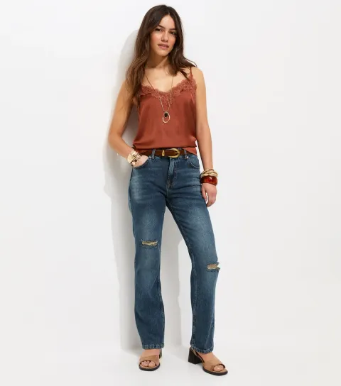 Women's Petite Vintage Tint Blue Ripped Ruby Straight Jeans
