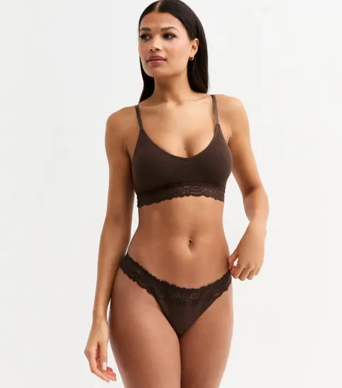 Women's Brown Ribbed Seamless Lace Trim Thong