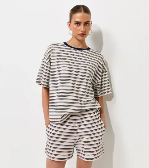 Women's Navy Cotton Jersey Striped Shorts