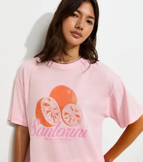 Women's Light Pink Cotton Santorini Orange Oversized T-Shirt