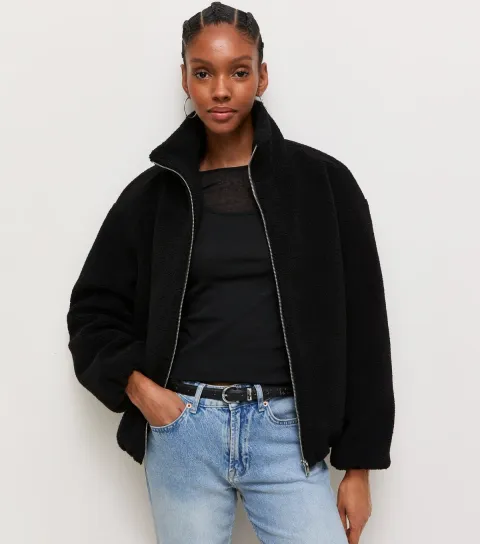 Women's Black Borg Texture Zip Front Jacket