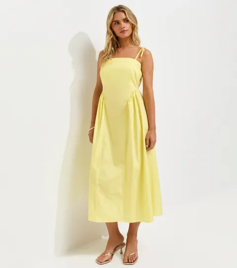 Women's Petite Light Yellow Cotton Tie Strap Midi Dress