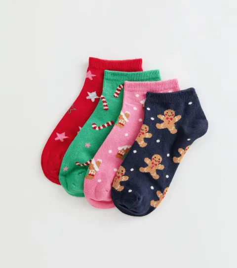 New Look Pack of 4 Cotton Rich Multicoloured Christmas Print Trainer Socks