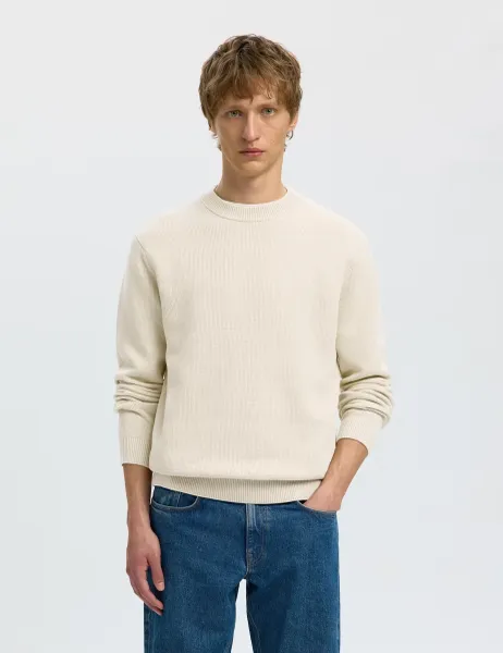 Selected Pure Cotton Textured Crew Neck Jumper Oatmeal