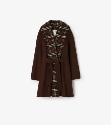 Check Trim Wool Wrap Coat in Treacle brown/brown