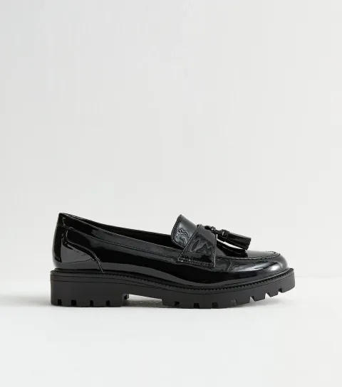Women's Black Patent Chunky Loafers Vegan