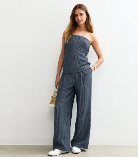 Women's Blue Textured Striped Wide Leg Trousers