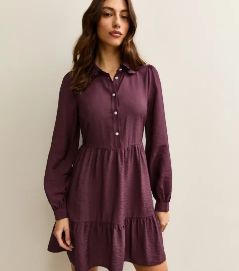 Women's Tall Dark Purple Tiered Long Sleeve Shirt Mini Dress