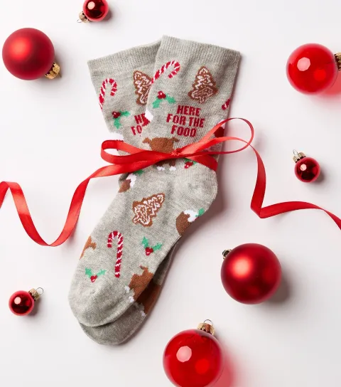 New Look Dark Grey Cotton Rich Here For The Food Slogan Christmas Ankle Socks