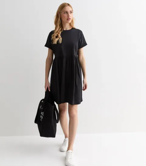 New Look Women's Black Cotton Short Sleeve Mini Smock Dress