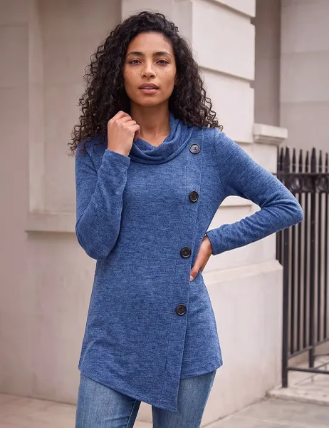 Roman Cowl Neck Button Detail Top Blue