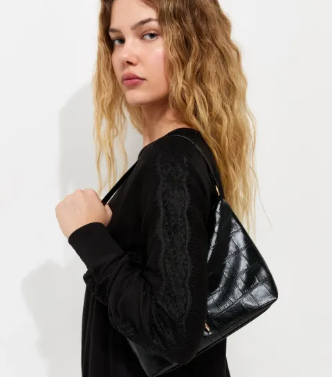 New Look Women's Black Soft Touch Lace Trim Batwing Sleeve Top