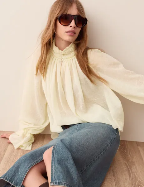 Per Una Sheer Pleated High Neck Blouse Cream