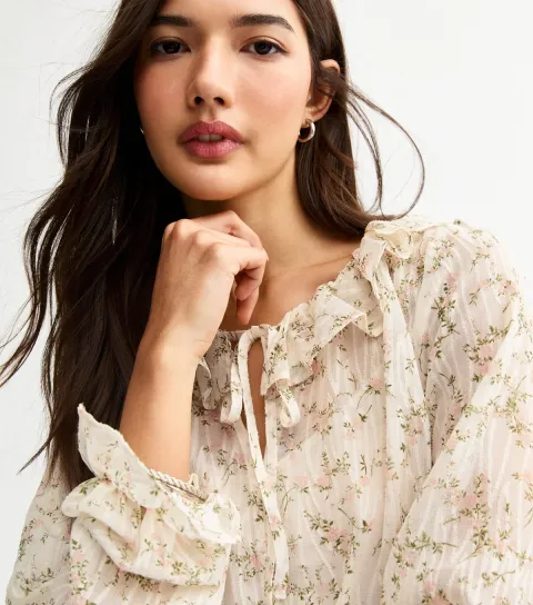 Women's Off White Floral Print Ruffled Blouse