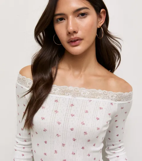 Women's Cream Ditsy Print Long Sleeve Pointelle Lace Bardot Top