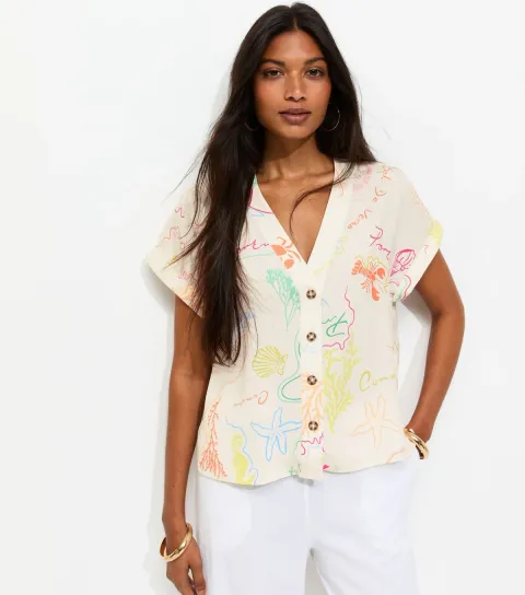 Women's Cream Shell Print Button Front Shirt