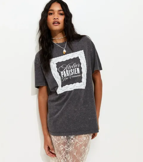 Women's Dark Grey Cotton Atelier Parisien Oversized T-Shirt