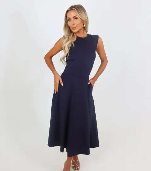Women's Navy Round Neck A-Line Midi Dress