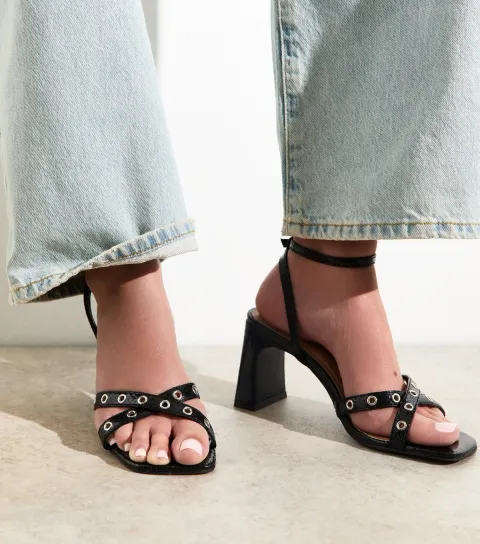 Women's Black Textured Faux Leather Eyelet Detail Block Heel Sandals Vegan