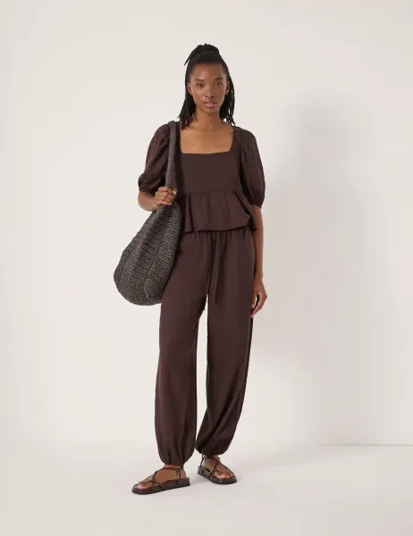 HUSH Linen Rich Barrel Leg Beach Trousers Dark Brown