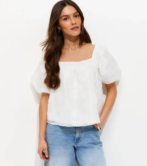 Women's Petite White Floral Jacquard Square Neck Puff Sleeve Blouse