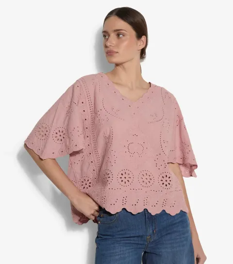 Women's Pink Embroidered V-Neck Top