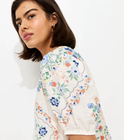 Women's Cream Floral Scarf Print Puff Sleeve T-Shirt