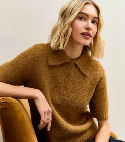 Women's Tan Textured Knit Polo Collar Top