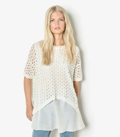 Women's White Mesh Layer Open Knit Tunic Top