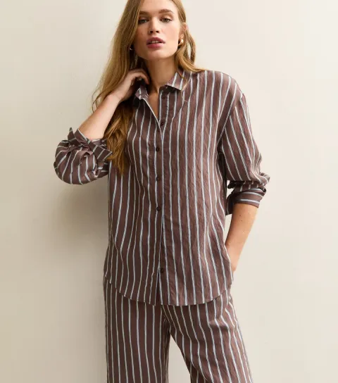 Women's Brown Striped Button Up Shirt