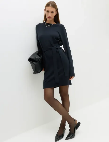 Marks & Spencer Air-Yarn Crew Neck Waisted Mini Knitted Dress Midnight Navy