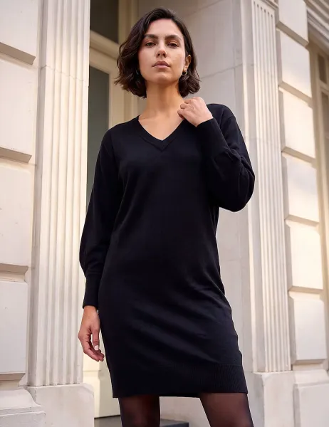 Roman V Neck Blouson Sleeve Knee Length Jumper Dress Black